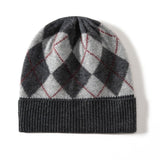 Argyle Cashmere Knit Beanie Patterned Cashmere Winter Cap Diamond Cashmere Hat Grey M