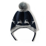 Baby Reindeer Pattern Cashmere Beanie Fur Pom Kids Cashmere Hats Navy S
