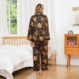 Baroque Chain Print Silk Pajama Set Long Silk Pajamas Silk Two Piece Lounge Set Black XS