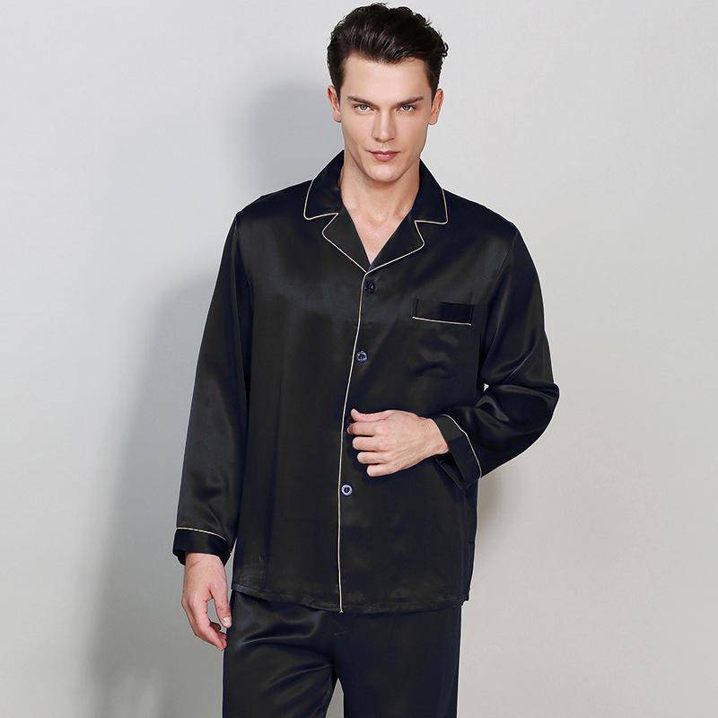 Men's Long Luxury Mulberry Silk Pyjamas Pure Silk Sleepwear Black XS