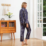 Blossom Print Silk Pajamas for Women Floral Silk Sleepwear Silk Pajama Set Silk Pj Set Navy Blue XS