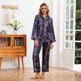 Blossom Print Silk Pajamas for Women Floral Silk Sleepwear Silk Pajama Set Silk Pj Set Navy Blue XS