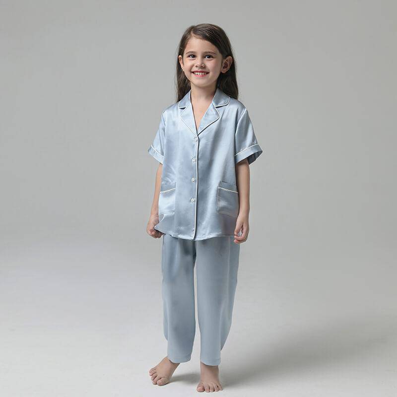 Boys And Girls Silk Pajama Set Short Sleeves Kids Pajamas Light Blue XS