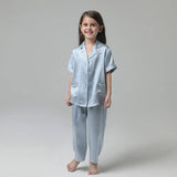 Boys And Girls Silk Pajama Set Short Sleeves Kids Pajamas Light Blue XS