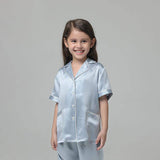 Boys And Girls Silk Pajama Set Short Sleeves Kids Pajamas Light Blue XS