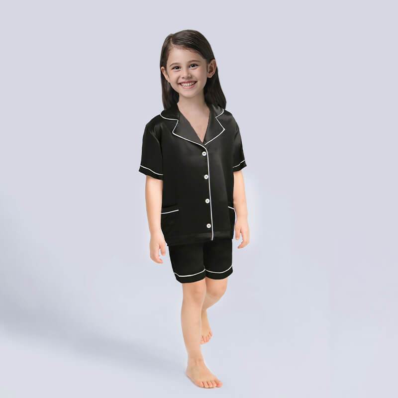 Short Kids' Silk Pajama Set Child's Silk Pajamas Black XS