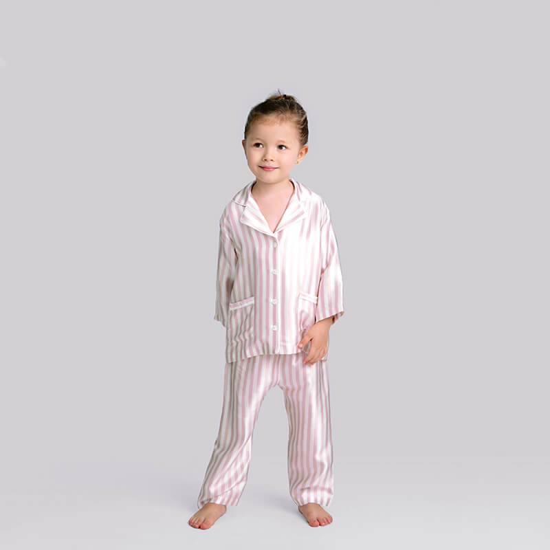 Boys and Girls Striped Silk Pajama Set Button - Down Kids Silk Pajamas Pink XS