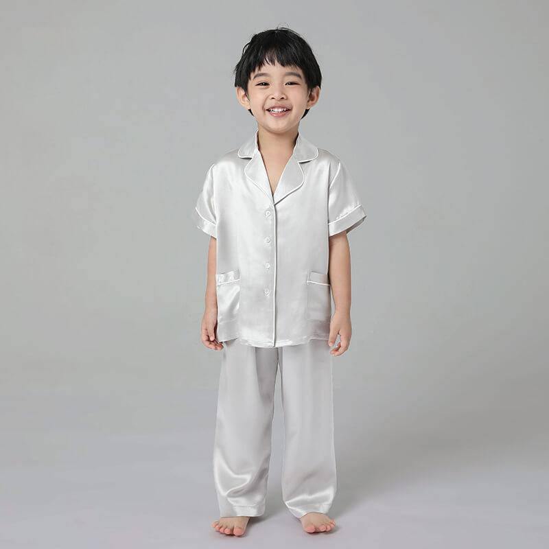 Boys Silk Pajamas Set Two Piece Short Kids Silk Sleepwear Silver Gray XS