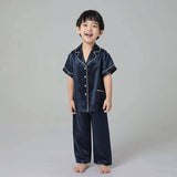 Boys Silk Pajamas Set Two Piece Short Kids Silk Sleepwear Navy Blue XS