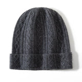 Cable Knit Cashmere Beanie Turn Up Brim Cashmere Knit Cap Winter Hat Grey M