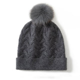 Cable Knit Cashmere Beanie with Pom Textured Cashmere Hat Grey M