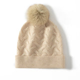 Cable Knit Cashmere Beanie with Pom Textured Cashmere Hat Beige M