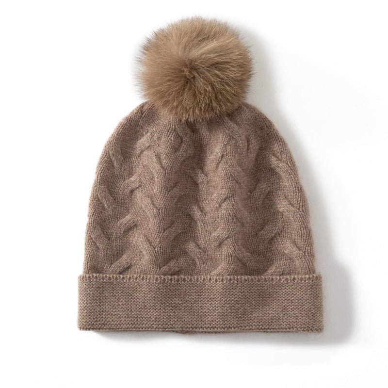 Cable Knit Cashmere Beanie with Pom Textured Cashmere Hat Taupe M