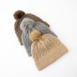 Cable Knit Pure Cashmere Beanie with Fur Pom Cashmere Hat Fluffy Pom Beige M