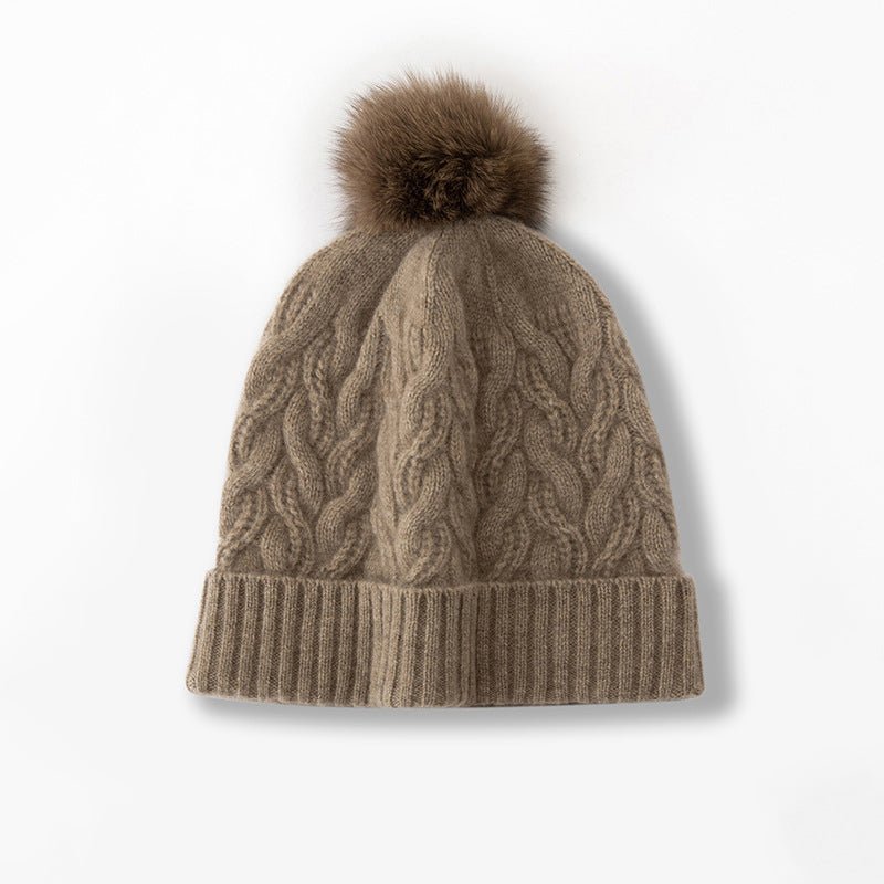 Cable Knit Pure Cashmere Beanie with Fur Pom Cashmere Hat Fluffy Pom Taupe M