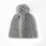 Cable Knit Pure Cashmere Beanie with Fur Pom Cashmere Hat Fluffy Pom Grey M
