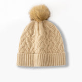 Cable Knit Pure Cashmere Beanie with Fur Pom Cashmere Hat Fluffy Pom Beige M