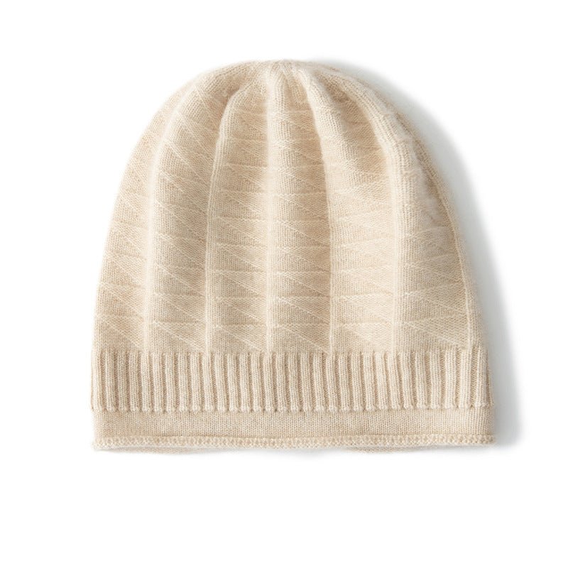 Pure Cashmere Ribbed Diamond Knit Beanie With Geometric Pattern Beige M