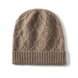 Pure Cashmere Beanie Hat With Geometric Knit Ribbed Cashmere Knit Hat Taupe M