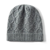 Pure Cashmere Beanie Hat With Geometric Knit Ribbed Cashmere Knit Hat Gray M