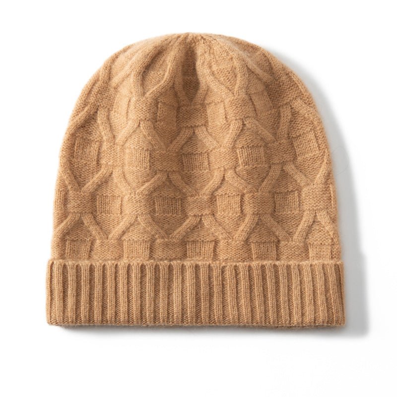 Pure Cashmere Beanie Hat With Geometric Knit Ribbed Cashmere Knit Hat Camel M