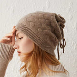 Cashmere Beanie Ribbed Edge With Drawstring Ribbed Edg Taupe M