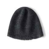 Pure Cashmere Beanie Hat With Fringed Hem Textured Winter Hat Gray M