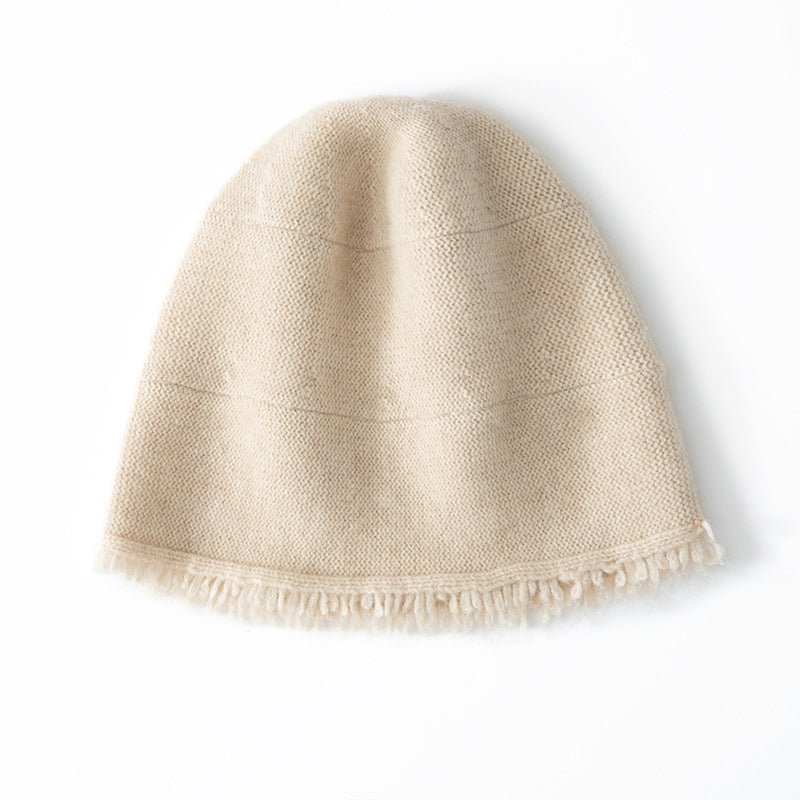 Pure Cashmere Beanie Hat With Fringed Hem Textured Winter Hat Beige M
