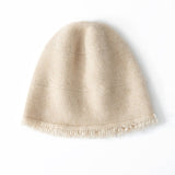 Pure Cashmere Beanie Hat With Fringed Hem Textured Winter Hat Beige M