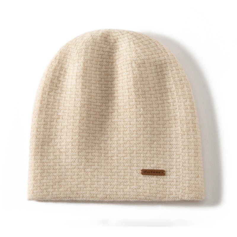 Unisex Cashmere Chunky Knit Beanie Knit Hat With Subtle Woven Beige M