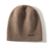 Unisex Cashmere Chunky Knit Beanie Knit Hat With Subtle Woven Taupe M