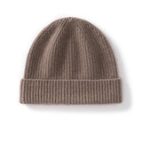 Cashmere Knit Beanie Hat with Fold Over Cuff Ribbed Winter Cashmere Cap Taupe M
