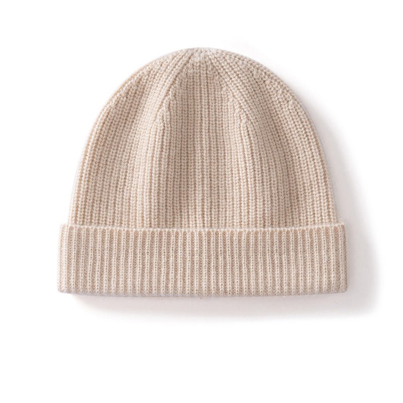 Cashmere Knit Beanie Hat with Fold Over Cuff Ribbed Winter Cashmere Cap Beige M