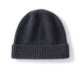 Cashmere Knit Beanie Hat with Fold Over Cuff Ribbed Winter Cashmere Cap Grey M