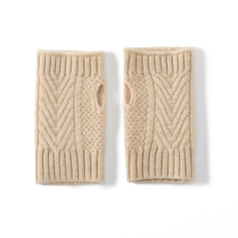 Cashmere Gloves Cable Knit Fingerless Mittens Half Finger Fleece Lined Beige M