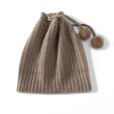 Cashmere Pom - Pom Beanie Hat With Drawstring Closure Thick Ribbing Hats Taupe M