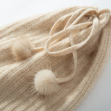 Cashmere Pom - Pom Beanie Hat With Drawstring Closure Thick Ribbing Hats Beige M