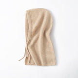 Cashmere Ribbed Knit Hood Adjustable Drawstring Cashmere Balaclava Beige M