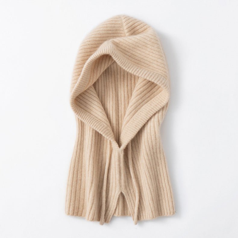 Cashmere Ribbed Knit Hood Adjustable Drawstring Cashmere Balaclava Beige M