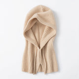 Cashmere Ribbed Knit Hood Adjustable Drawstring Cashmere Balaclava Beige M