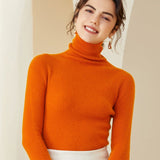 Women Cashmere Sweater Long Sleeve Turtleneck Cashmere Pullover Orange XS