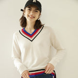 Women Cashmere Sweater V Neck Cashmere Pullover Ribbing Colorful Edge Ivory XS