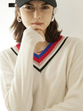 Women Cashmere Sweater V Neck Cashmere Pullover Ribbing Colorful Edge Ivory XS
