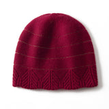 Chevron Border Pure Cashmere Beanie Cashmere Hat Textured Knit Claret M