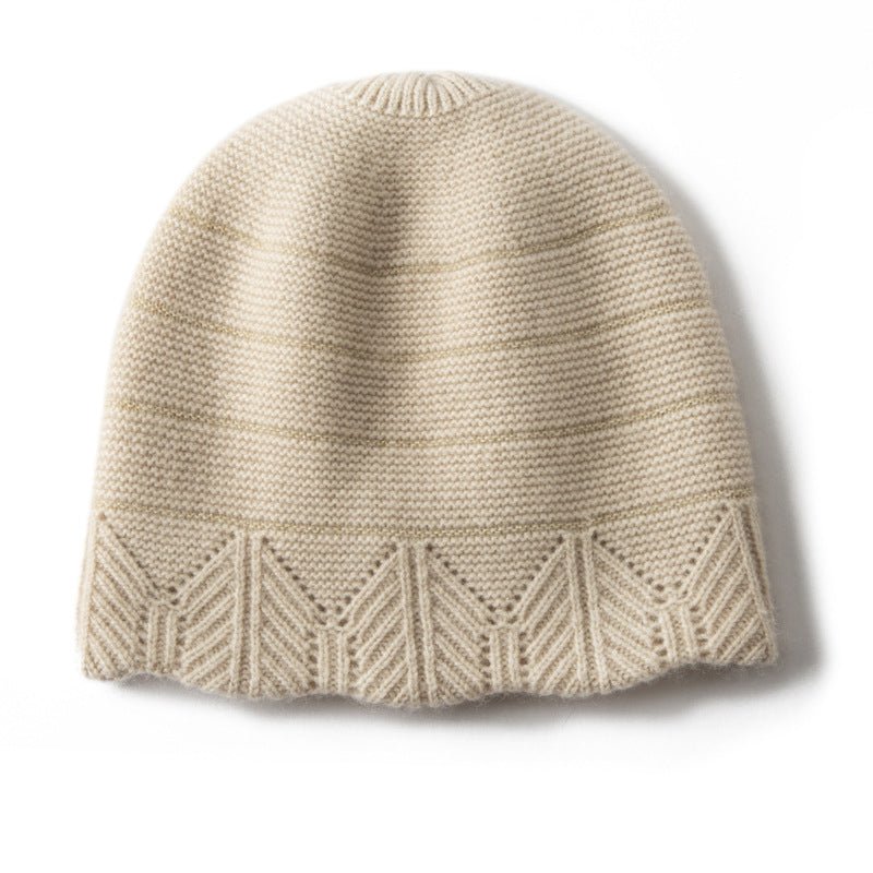 Chevron Border Pure Cashmere Beanie Cashmere Hat Textured Knit Beige M
