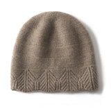 Chevron Border Pure Cashmere Beanie Cashmere Hat Textured Knit Taupe M