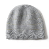 Chevron Border Pure Cashmere Beanie Cashmere Hat Textured Knit Grey M