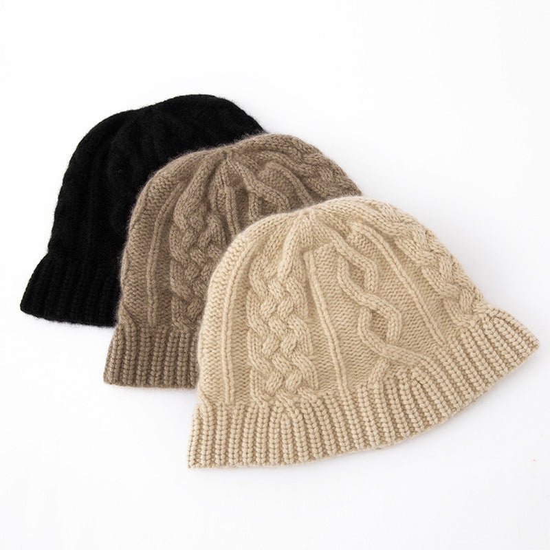 Chunky Cashmere Bucket Hat Cashmere Cable Beanie for Women Beige M