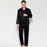 Classic Men Long Silk Pajama Set Real Pure Silk Pajamas Black XS