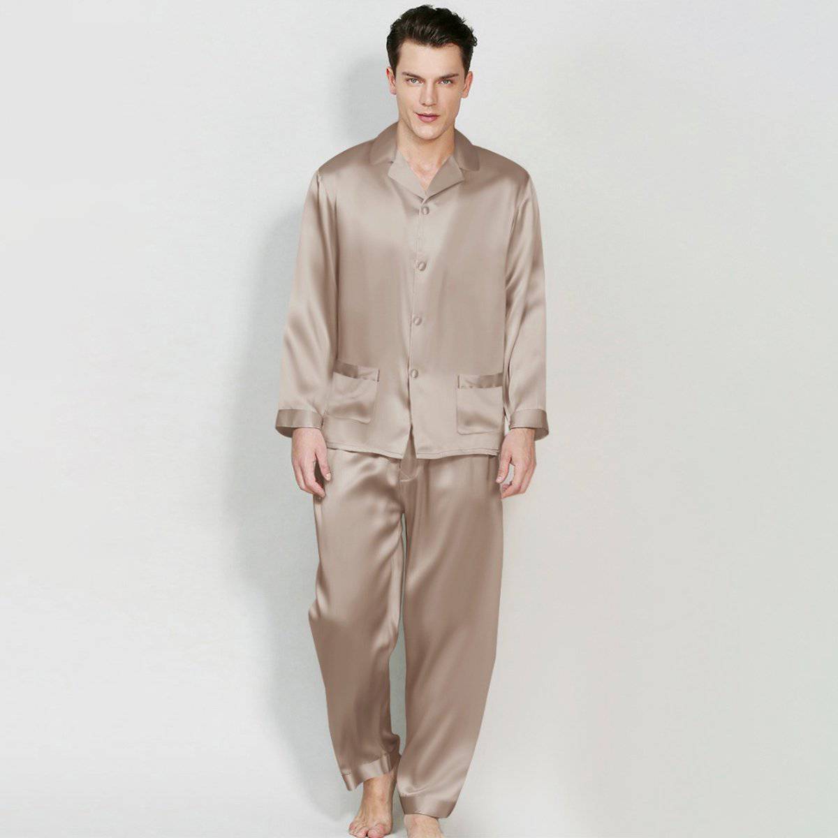 Classic Men Long Silk Pajama Set Real Pure Silk Pajamas Champagne XS